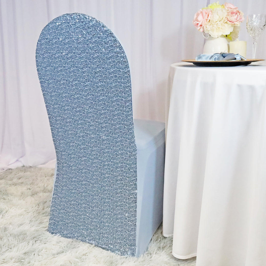 Dusty Blue Sequin Stretch Chair Cover Banquet Fit