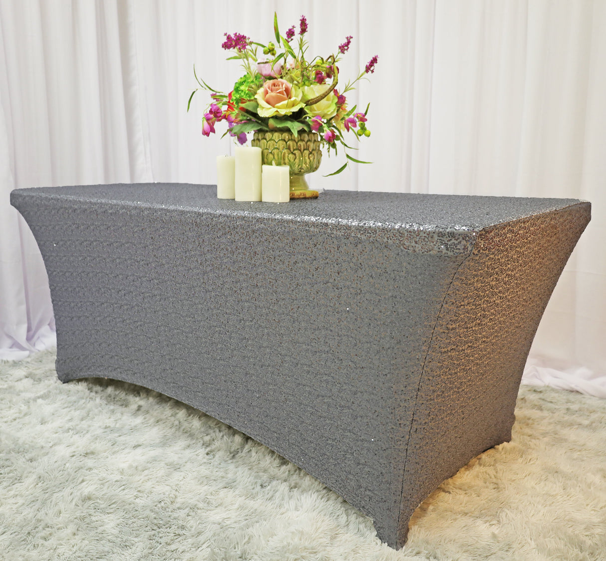 Rectangular Sequin Spandex Table Cover 8 Ft Silver