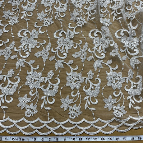 1 Yard Silver Beaded and Corded Lace Fabric Embroidered on Polyester Net Mesh for Elegant Bridal and Evening Designs – 52"