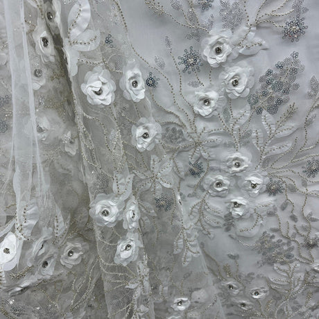 1 Yard Beaded 3D Floral Lace Fabric Embroidered 100 Percent Polyester Net Mesh 52 inch Width