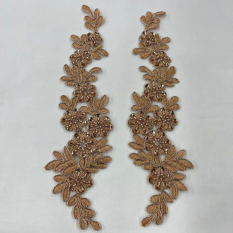 1 Pair 9.5" x 2" Each Side Beaded & Corded Floral Lace Applique Embroidered on 100% Polyester Net Mesh
