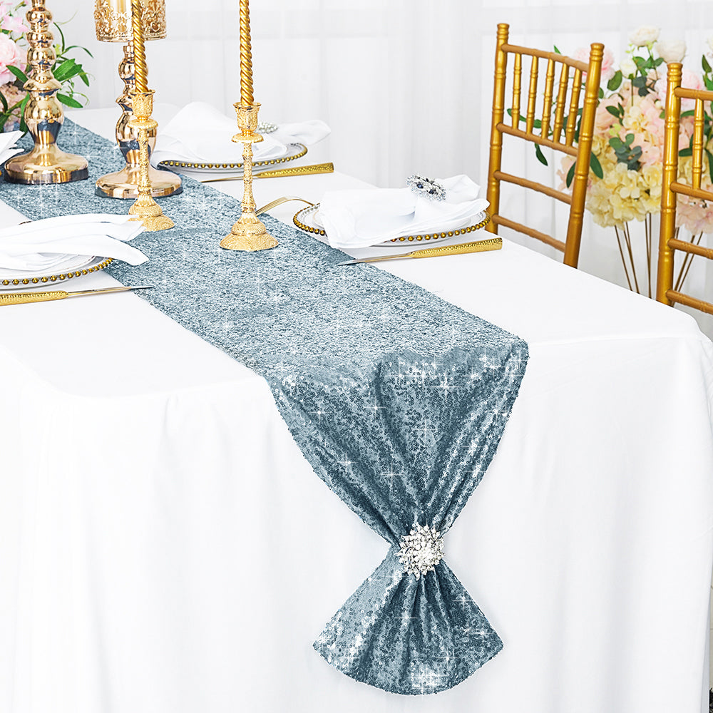 Sequin Taffeta Table Runner 12x108 Dusty Blue