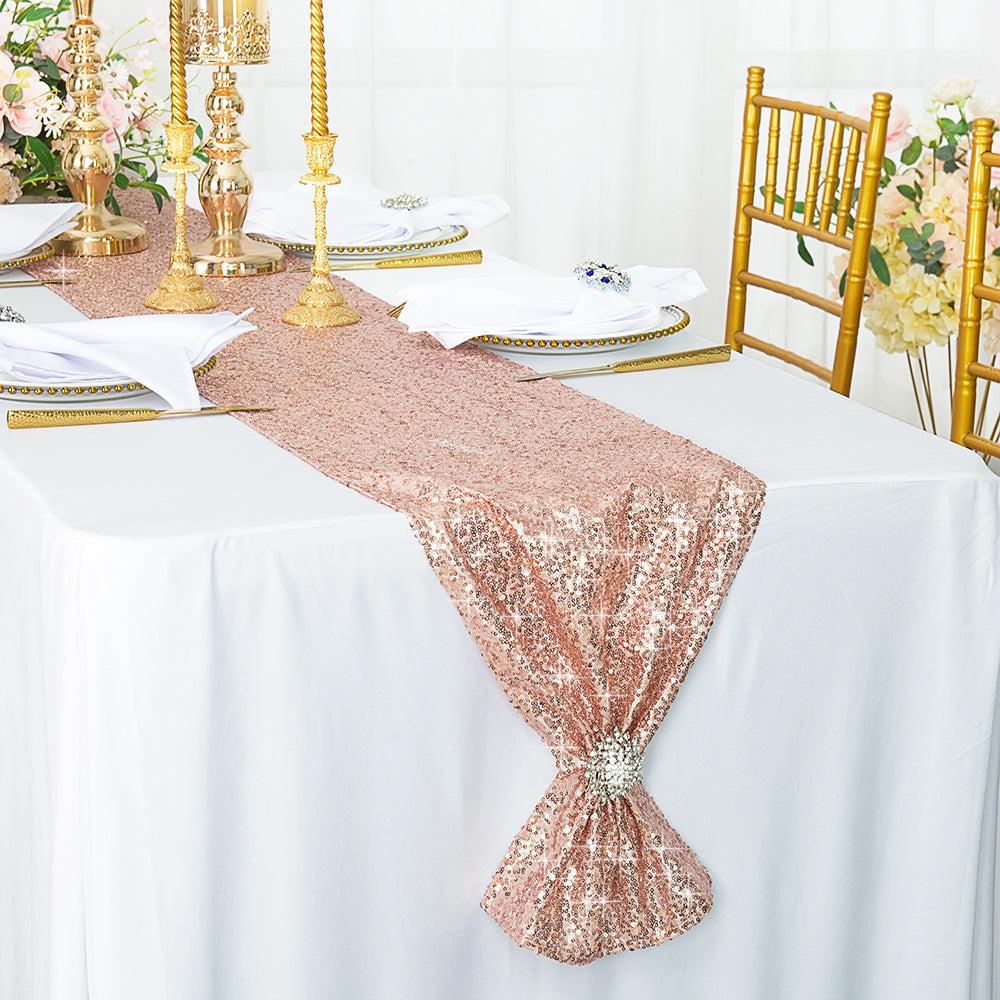 Sequin Taffeta Table Runner 12x108 Blush Pink/Rose Gold