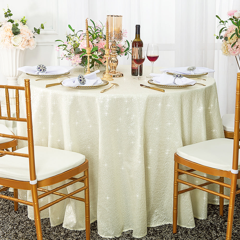 Round Sequin Taffeta Tablecloth 120" Ivory