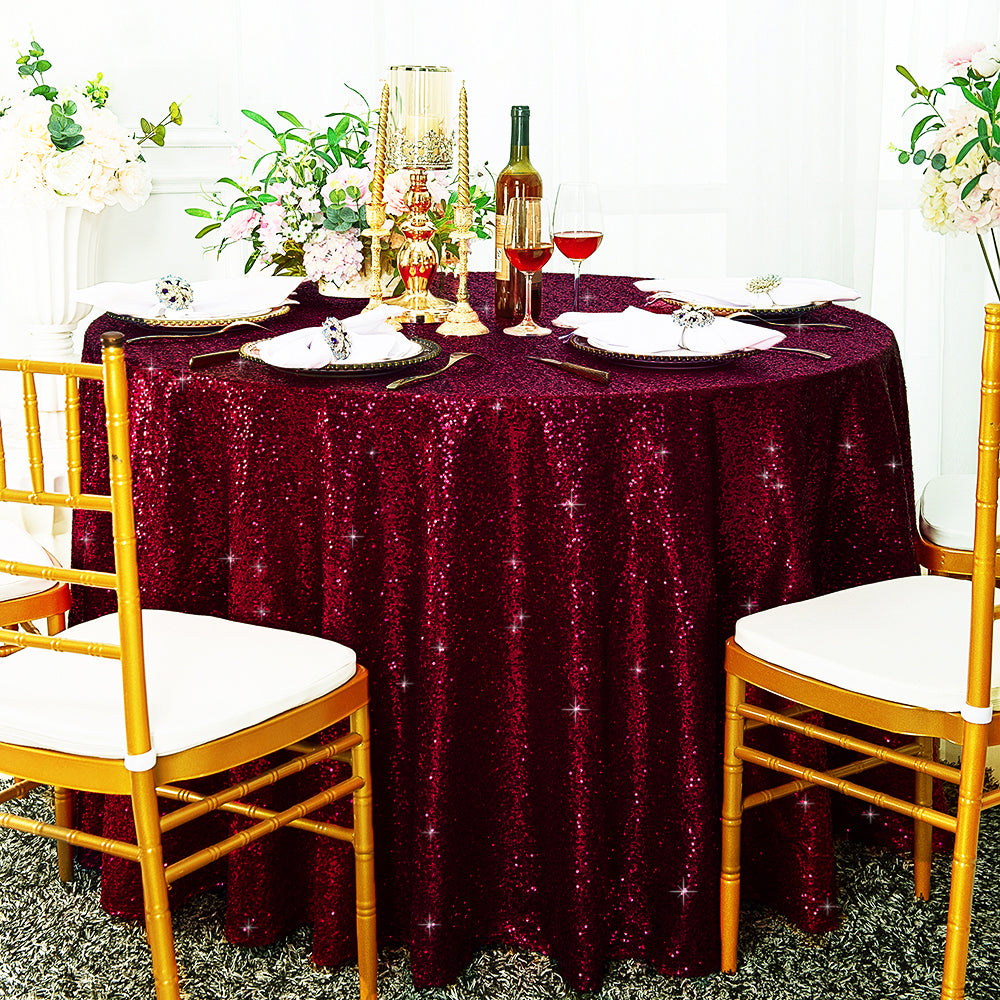 Round Sequin Taffeta Tablecloth 108" Burgundy