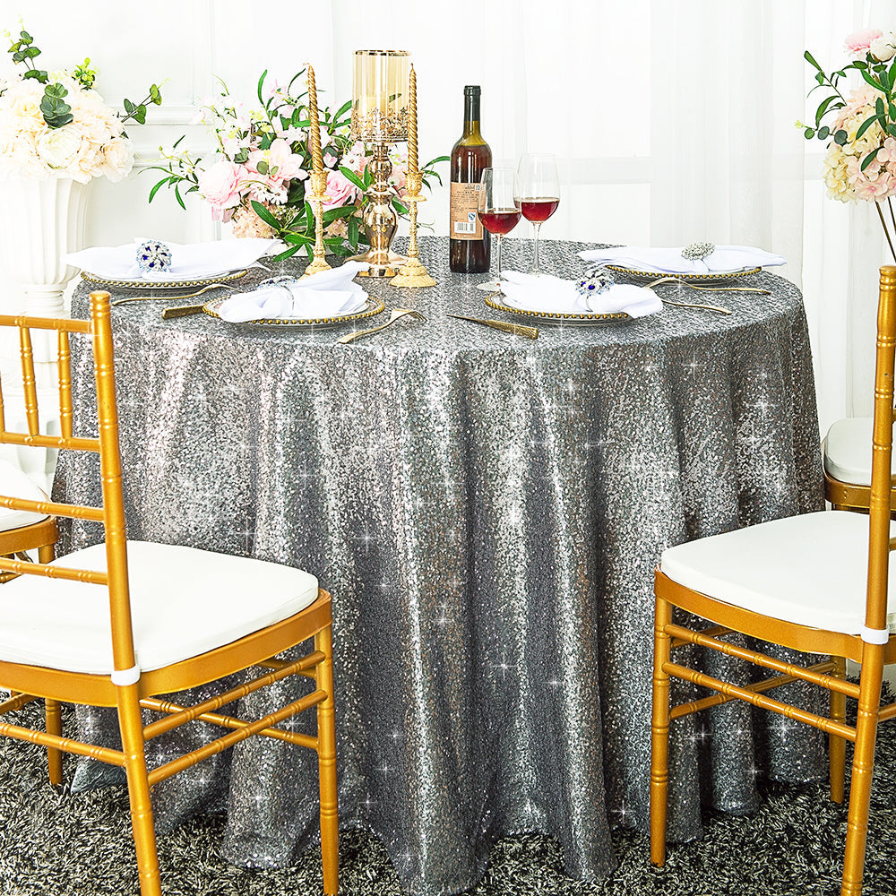 Round Sequin Taffeta Tablecloth 120" Silver