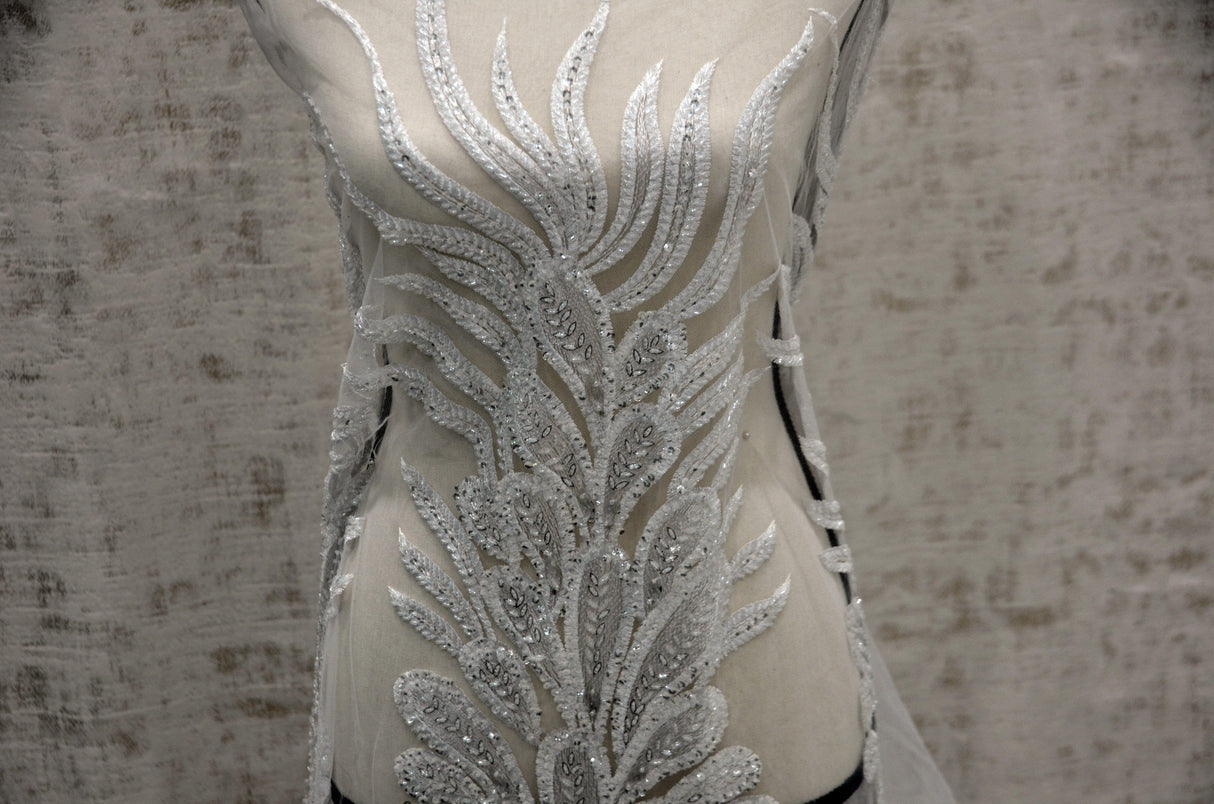 E15170 Polyester Lace Fabric - White Beaded Bridal Embroidery, 50/51" Width (3 Vertical Panels Approx 32-35")