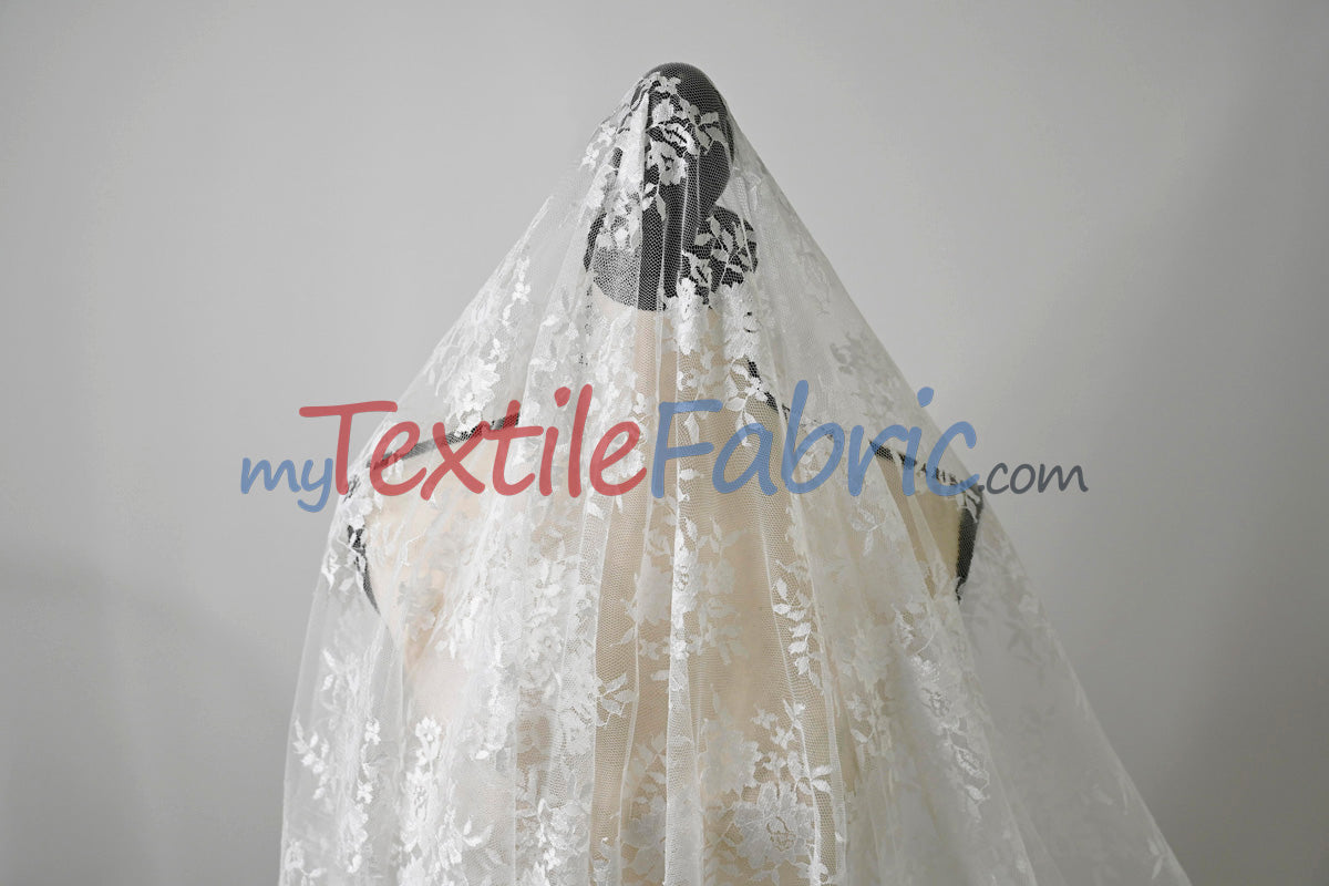 Chantilly Lace Polyester Fabric - Floral Embroidery, Sheer Mesh, 52" Width (1 Yard)