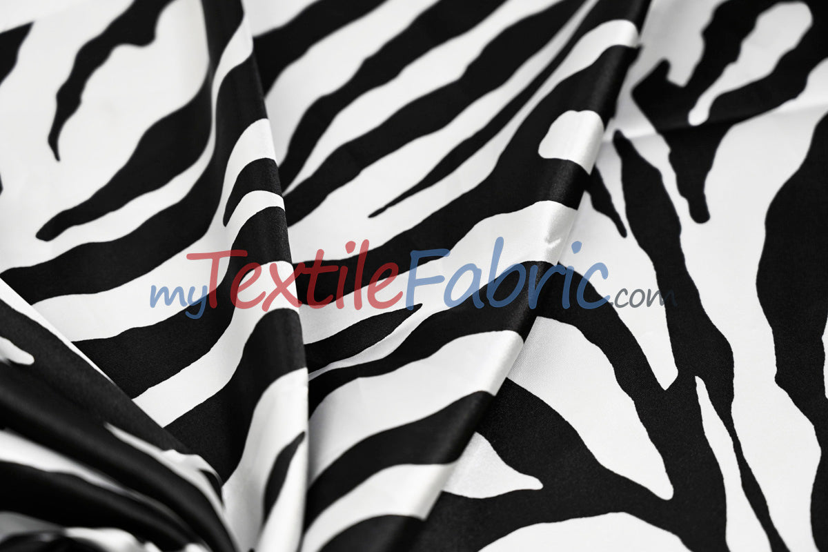 Black White Zebra Satin Fabric - Black White Zebra Print, 58/60" Width