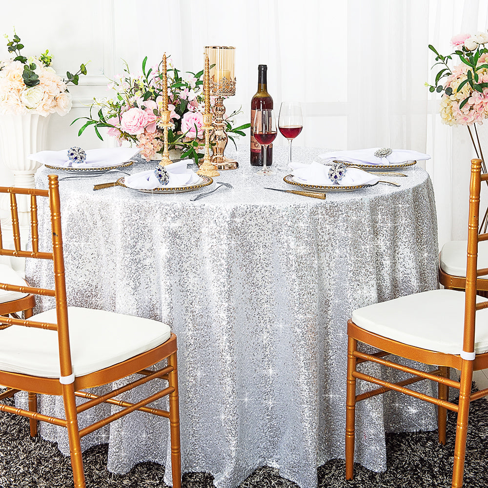 Round Sequin Taffeta Tablecloth 132" Platinum/Light Silver