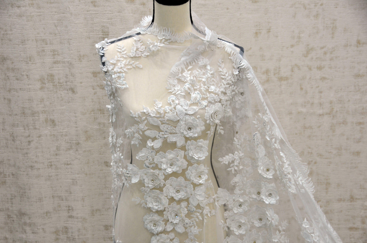 EA2581 Polyester Lace Fabric - Off White Floral Embroidery, Sequins Embellishments, 50/51" Width (Yards)