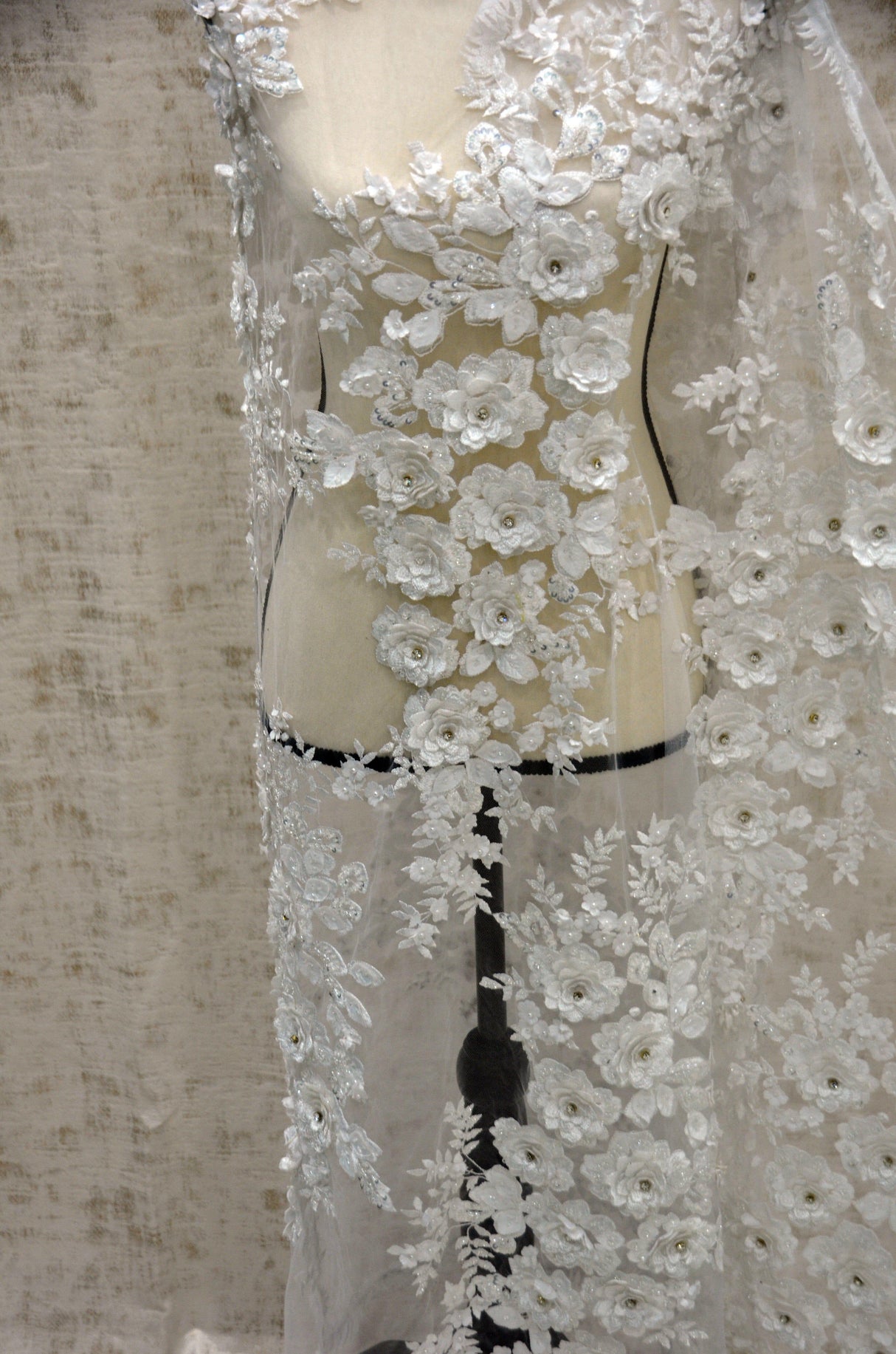EA2581 Polyester Lace Fabric - Off White Floral Embroidery, Sequins Embellishments, 50/51" Width (Yards)