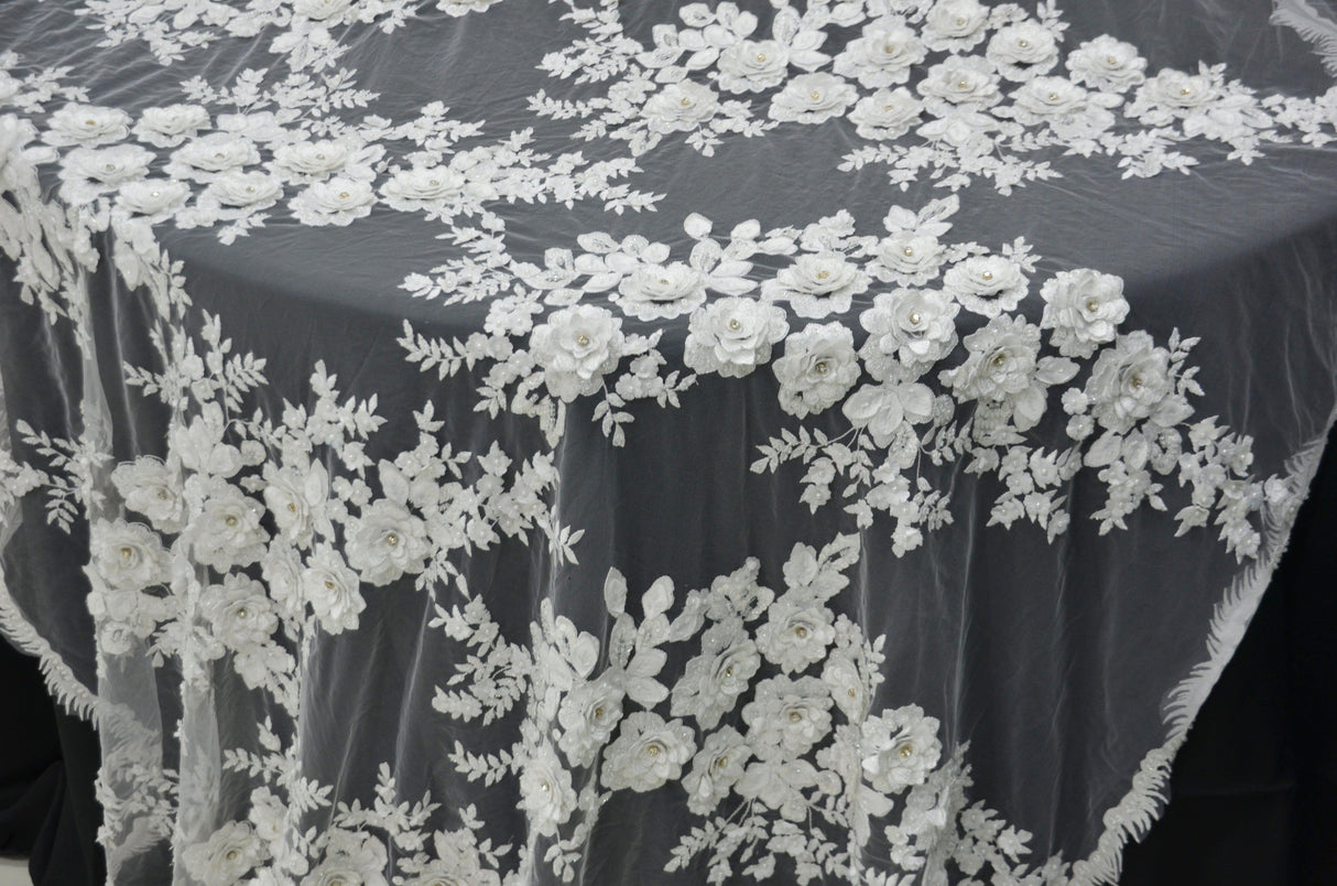 EA2581 Polyester Lace Fabric - Off White Floral Embroidery, Sequins Embellishments, 50/51" Width (Yards)