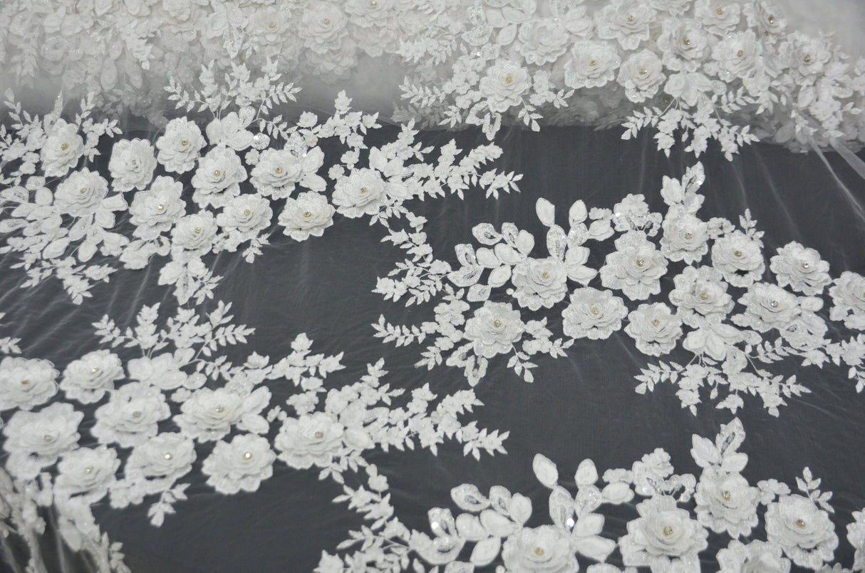 EA2581 Polyester Lace Fabric - Off White Floral Embroidery, Sequins Embellishments, 50/51" Width (Yards)