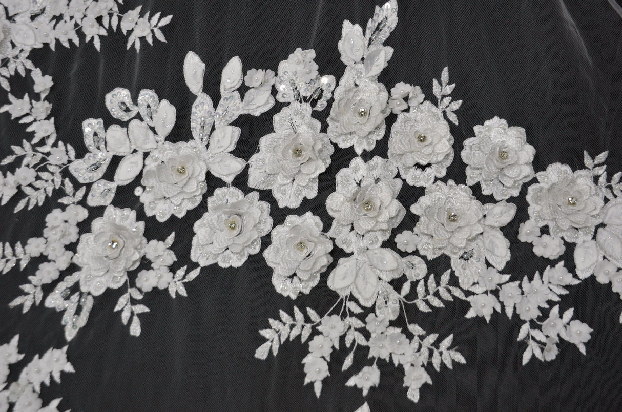 EA2581 Polyester Lace Fabric - Off White Floral Embroidery, Sequins Embellishments, 50/51" Width (Yards)