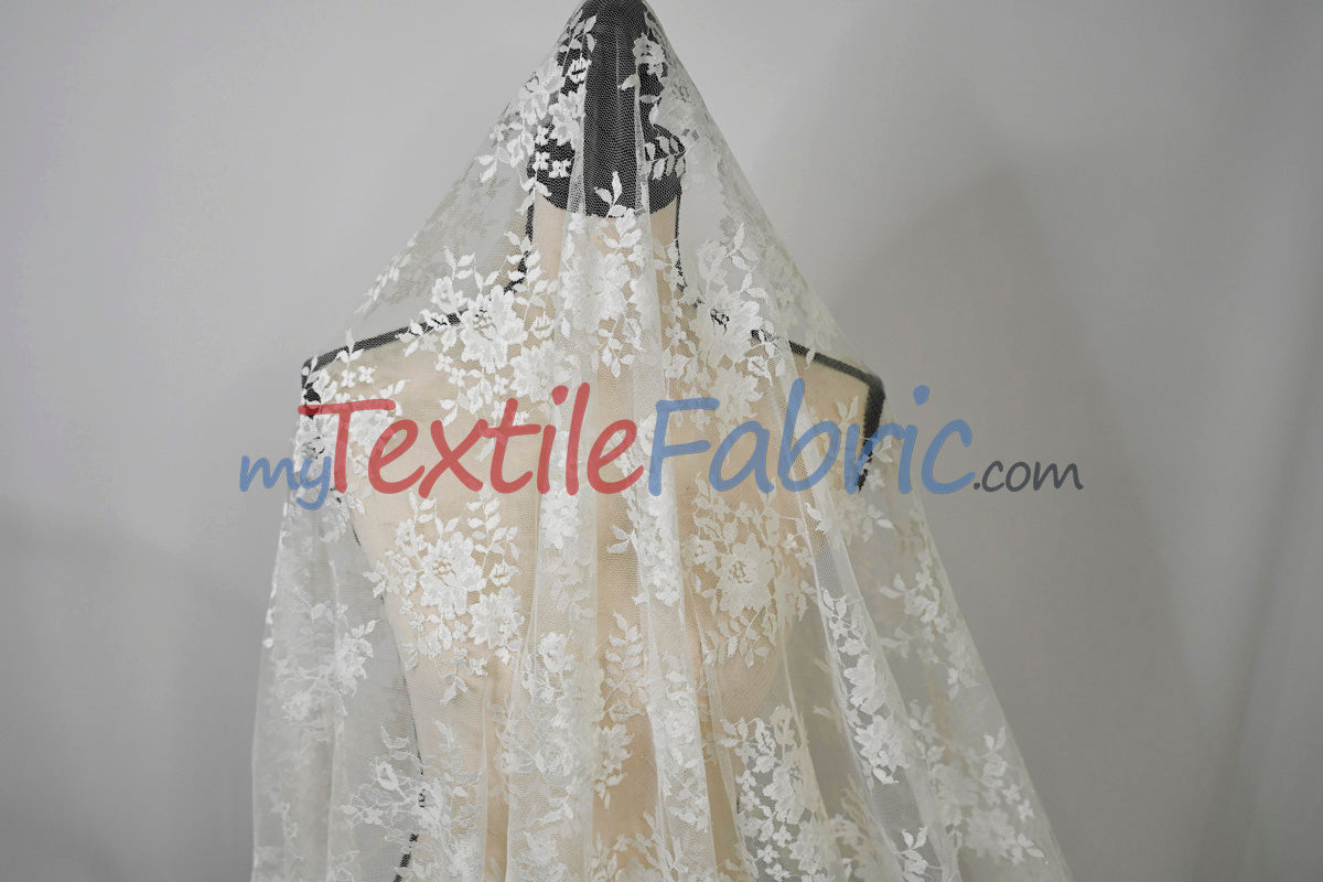 Chantilly Lace Polyester Fabric - Floral Embroidery, Sheer Mesh, 52" Width (1 Yard)