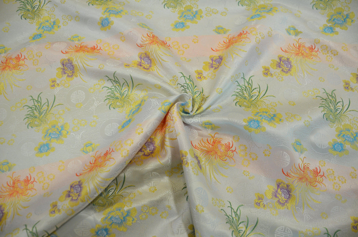 Chinese Flower Brocade Polyester Fabric - Oriental Floral Brocade, 45" Width (1 Yard)