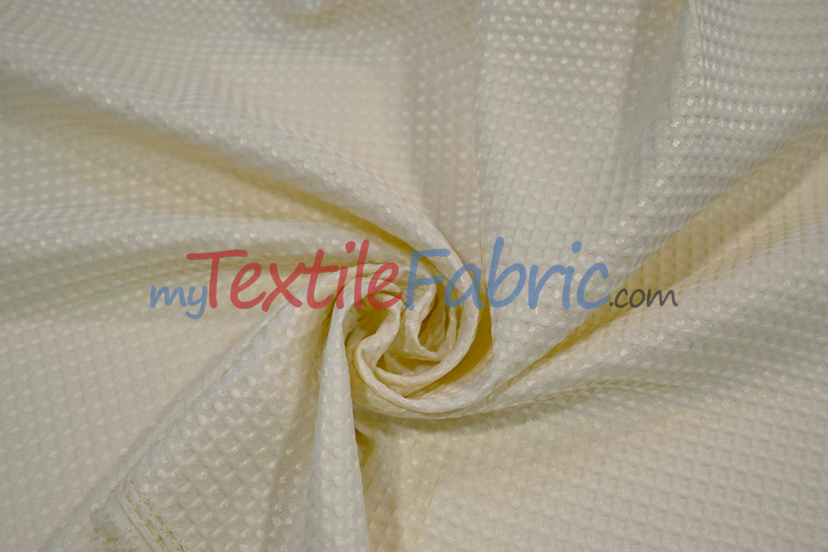 Waffle Brocade Polyester Fabric - Textured Waffle Grid, 60" Width, White, Ivory, Champagne, Black (1 Yard)
