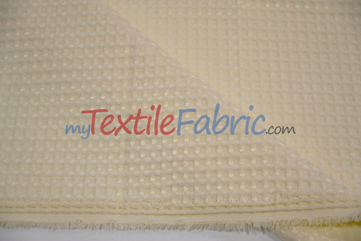 Waffle Brocade Polyester Fabric - Textured Waffle Grid, 60" Width, White, Ivory, Champagne, Black (1 Yard)