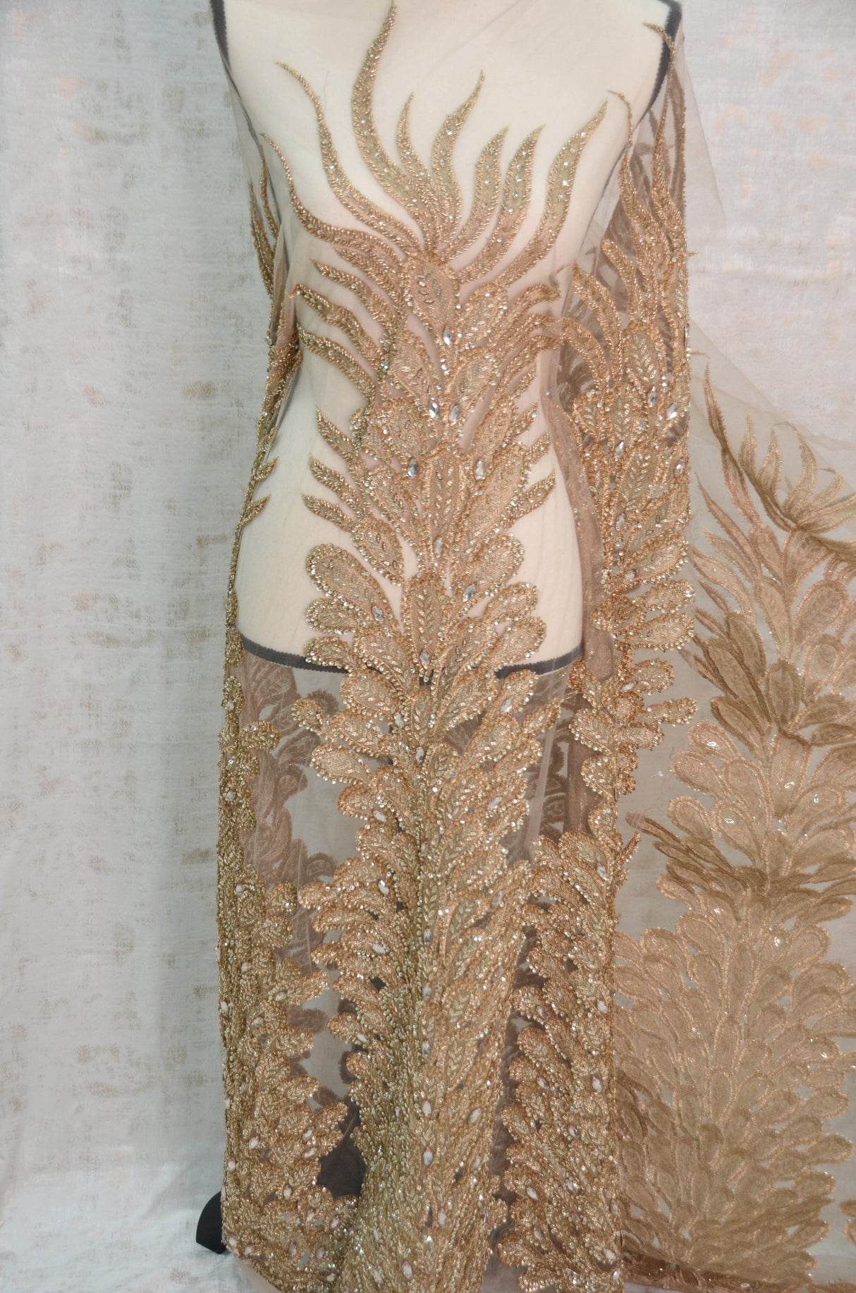 E15170 Polyester Lace Fabric - Skin Beaded Vertical Embroidery, 50/51" Width (3 Vertical Panels Approx 32-35")