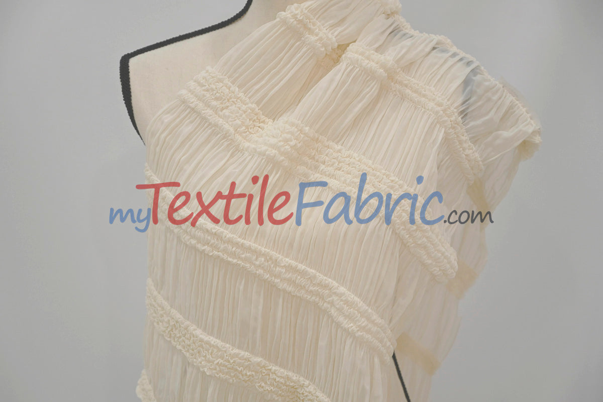 Pleated Ruffle Chiffon Polyester Fabric - Lightweight Textured Semi-Sheer, 44/46" Width (1 Yard)