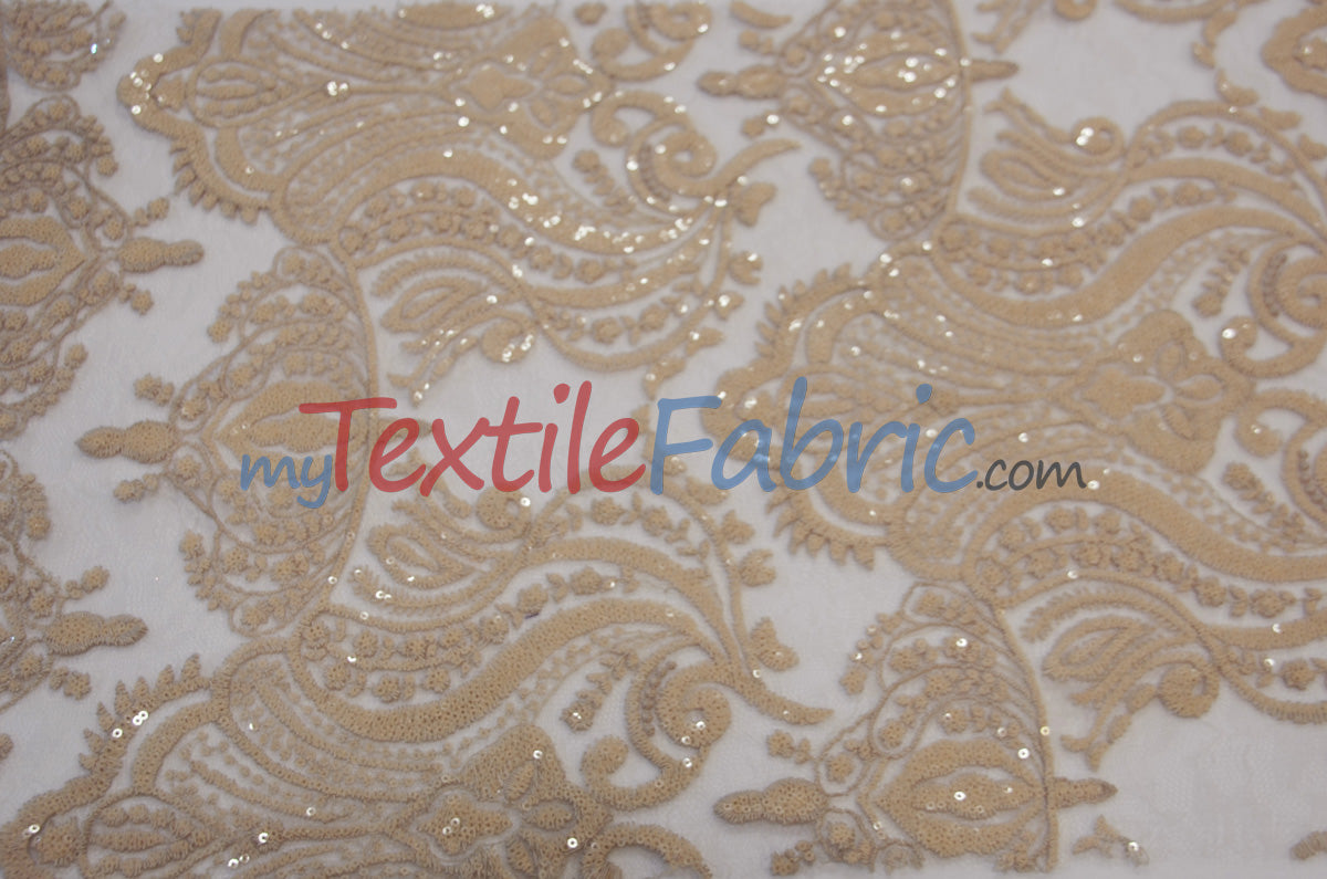 Medallion Bridal Lace Polyester Fabric - Sequins Damask Embroidery, Sheer White, 52" Width (1 Yard)