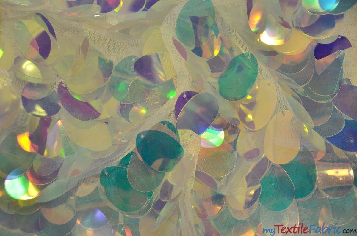 Jumbo Paillettes Sequins Polyester Fabric - Iridescent Oval Sequins, 52" Width (Yards)
