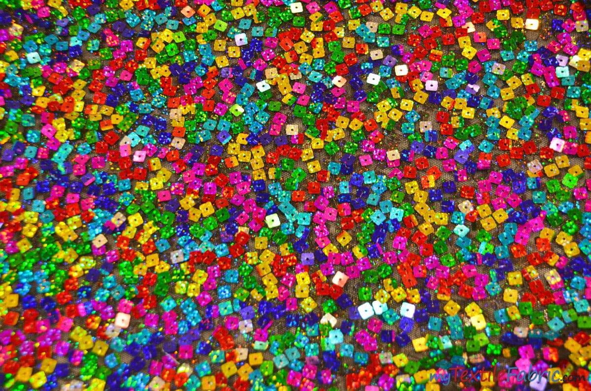 Rainbow Square Sequins Polyester Mesh Fabric - Multi Color Square Sequins, 52" Width (1 Yard)