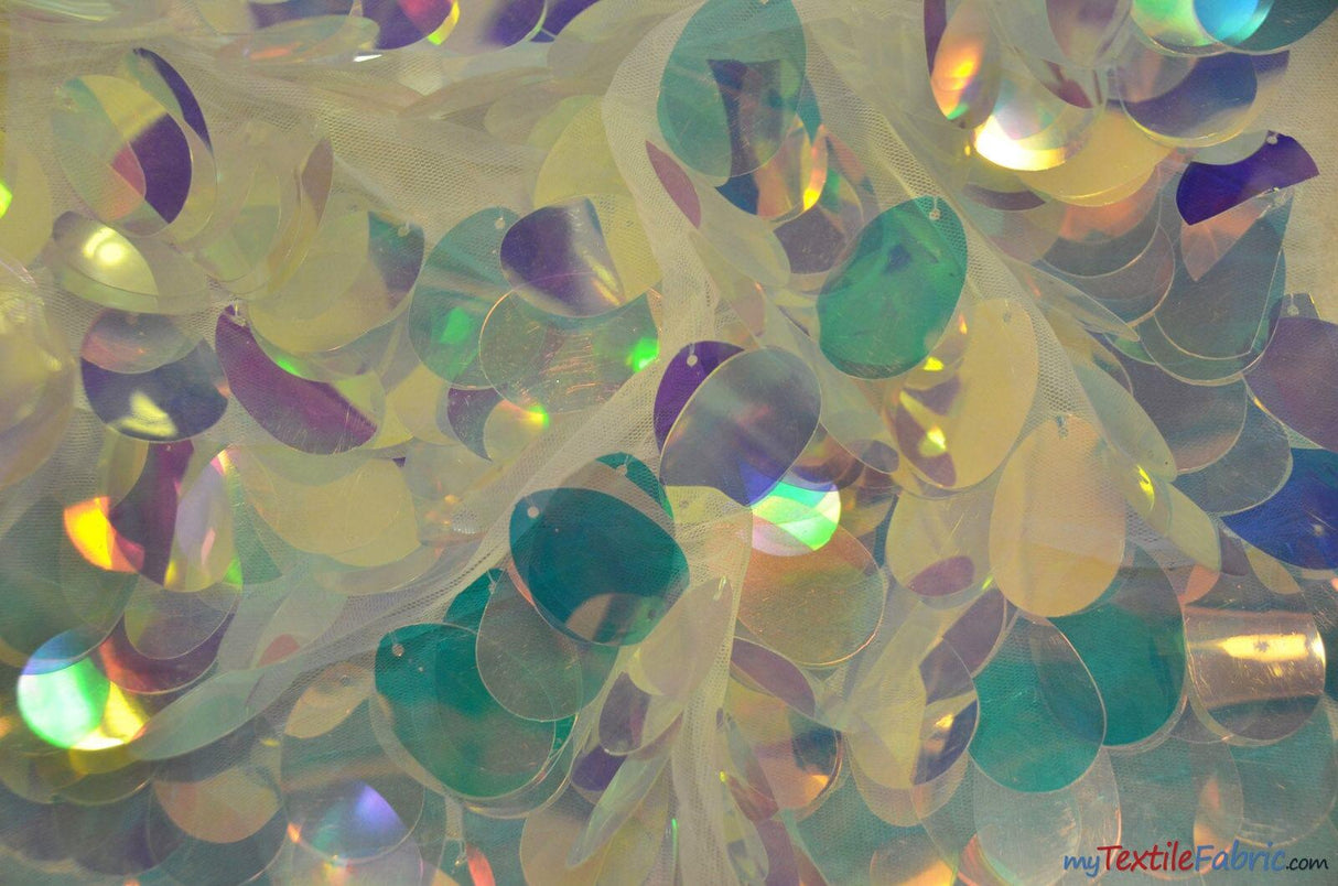 Oval Hologram Sequins Polyester Fabric - Iridescent Rainbow Oval Sequins, 52" Width (Yards)