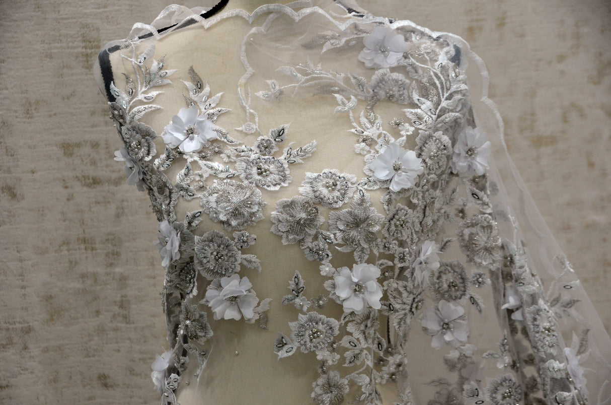 EA3032 White Silver Embroidery Lace Fabric - White Floral Bridal Lace, 50" Wide (1 Yard)
