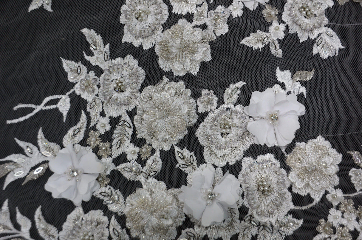 EA3032 White Silver Embroidery Lace Fabric - White Floral Bridal Lace, 50" Wide (1 Yard)