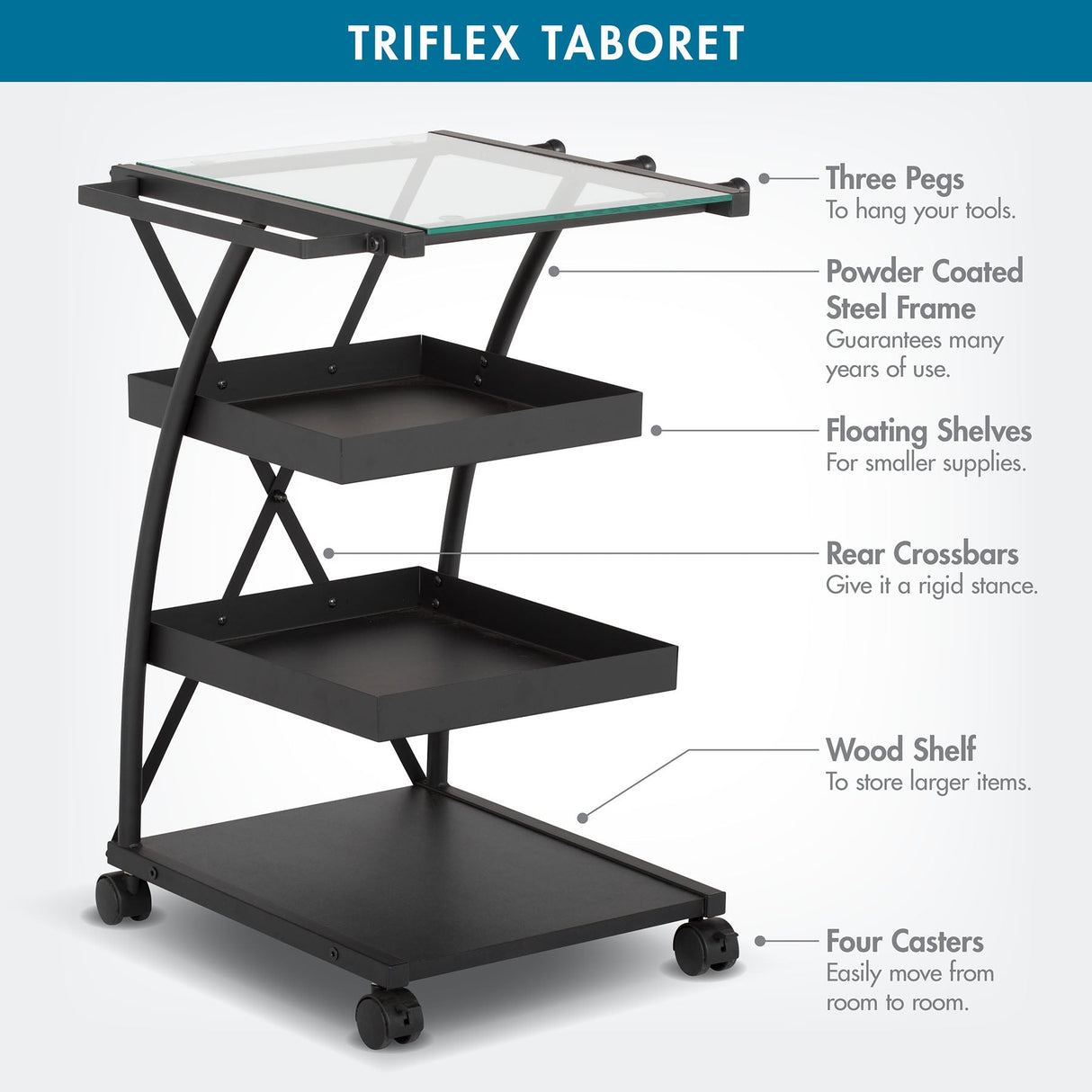 Studio Design Triflex Taboret Charcoal Clear Glass Storage Cart