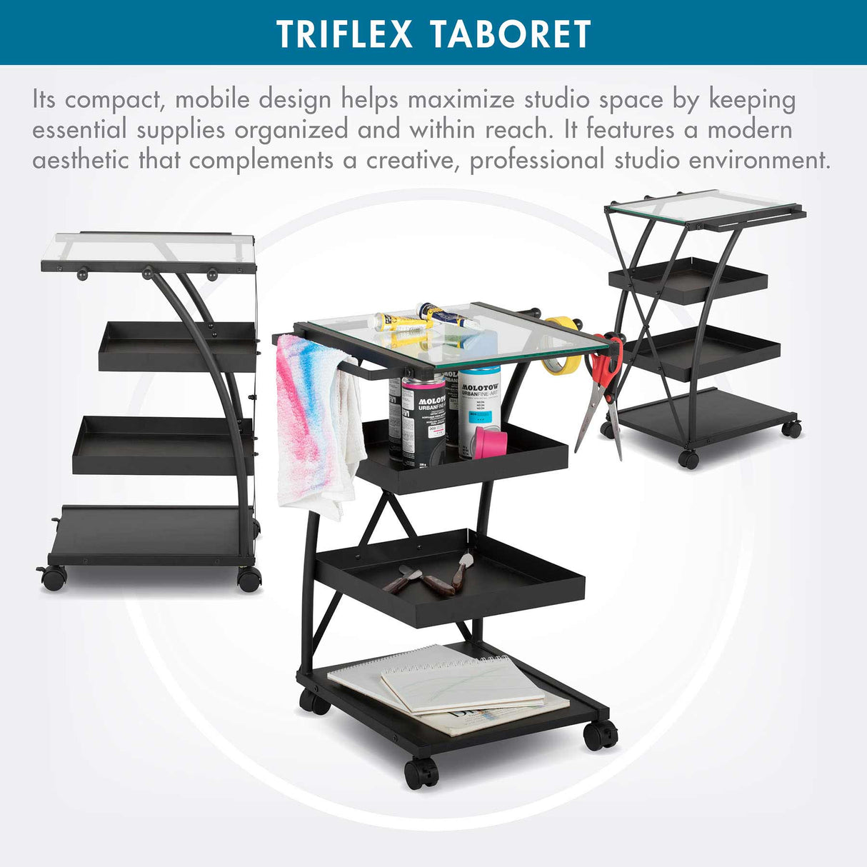 Studio Design Triflex Taboret Charcoal Clear Glass Storage Cart