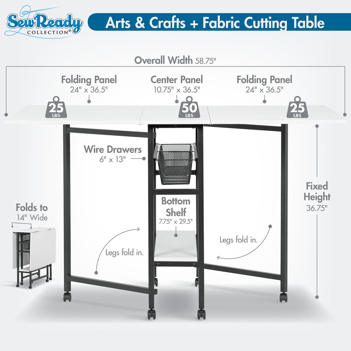 Sew Ready 36" Cutting Table with Basket Charcoal / White