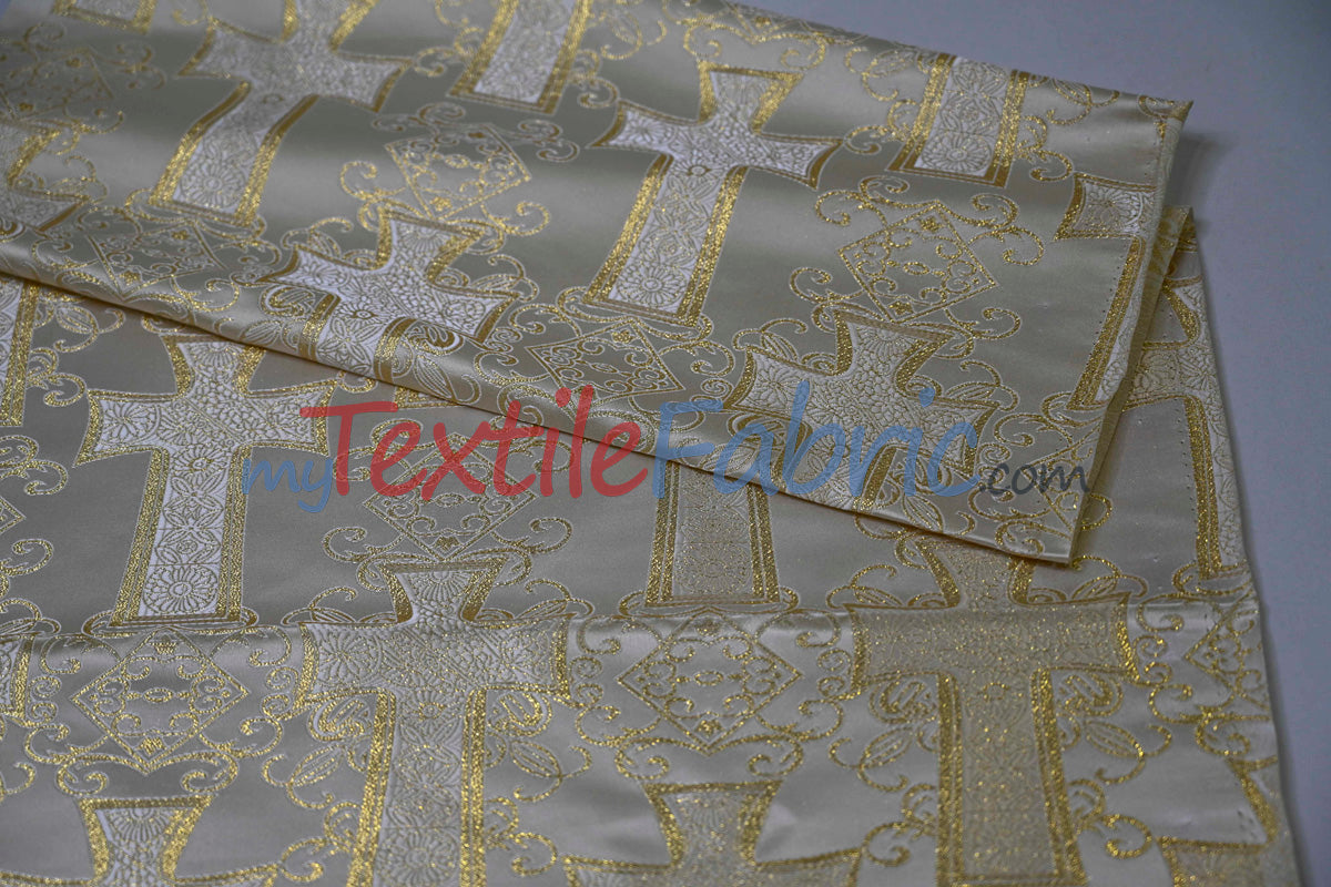 Religious Cross Brocade 100 Percent Polyester Fabric - Elegant Cross Motif, 60" Width (1 Yard)