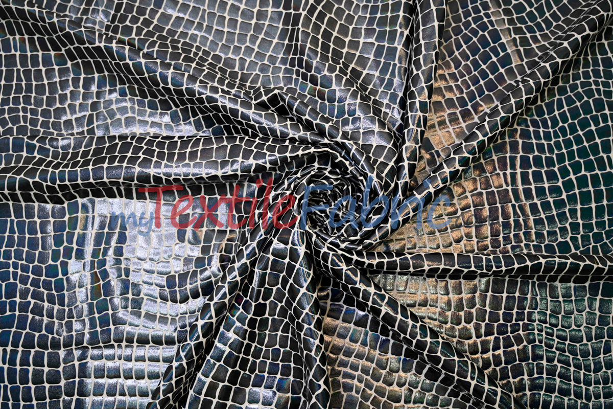 Anaconda Hologram Spandex Nylon Fabric - White Silver, White Charcoal, Holographic Foil Finish, 58/60" Width (1 Yard)