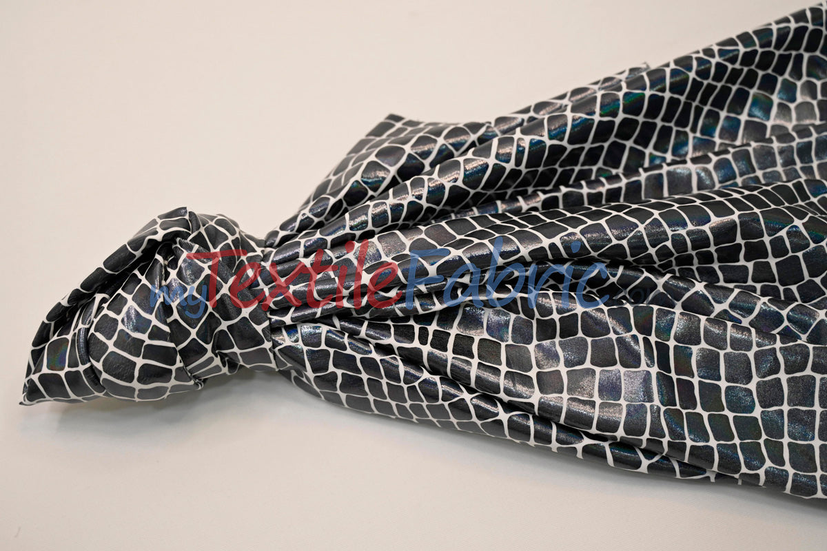 Anaconda Hologram Spandex Nylon Fabric - White Silver, White Charcoal, Holographic Foil Finish, 58/60" Width (1 Yard)