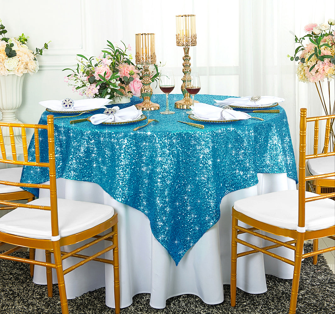 Square Sequin Taffeta Table Overlay 72x72 Turquoise