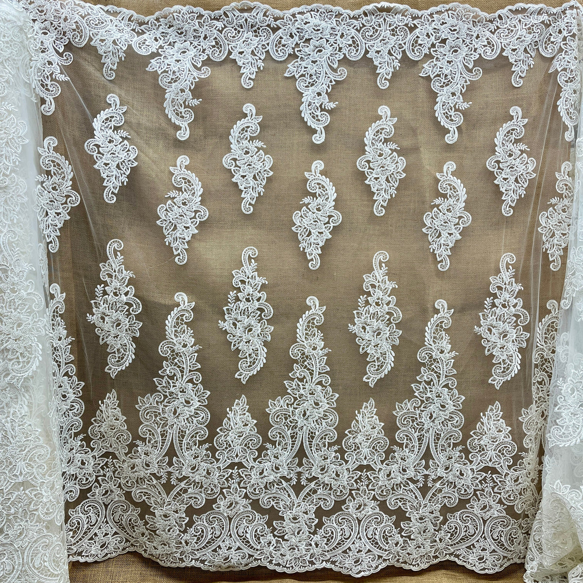 1 Yard 54 Inch Beaded and Corded Bridal Lace Fabric Ivory
