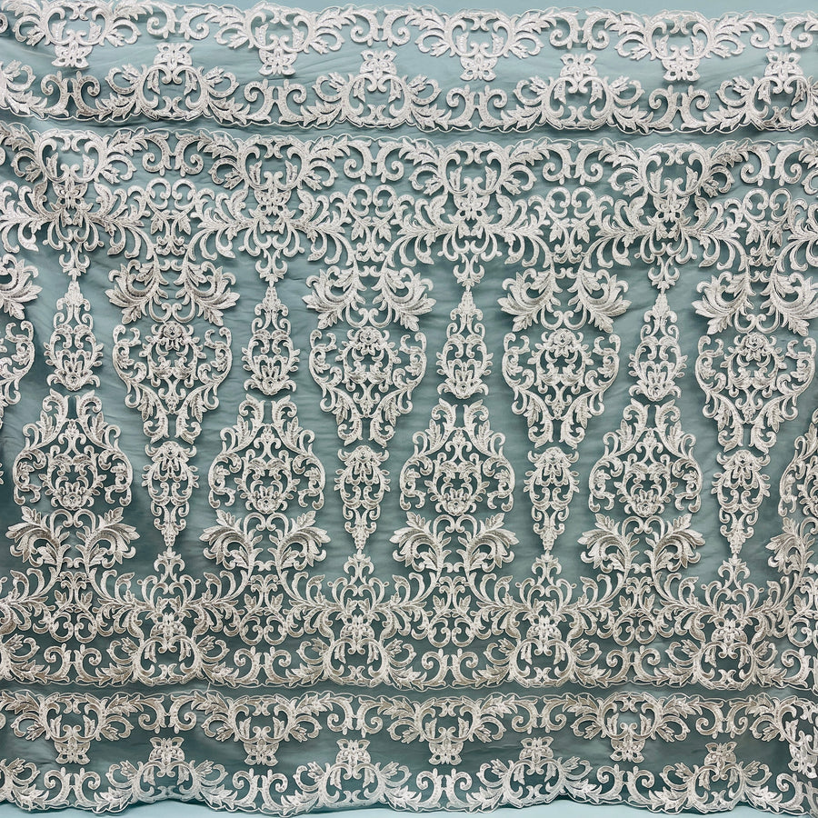 1 Yard Ivory Beaded and Corded Lace Fabric Embroidered on Polyester Net Mesh 51 Inch Width