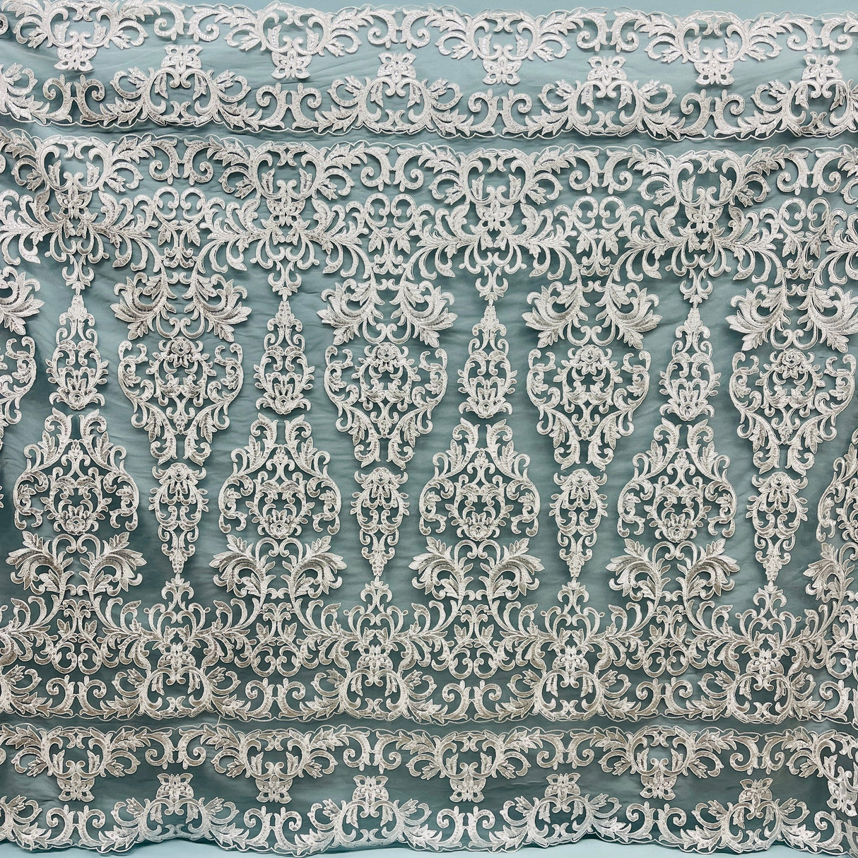 1 Yard Beaded & Corded Lace Fabric on Polyester Net Mesh, White, 51" Wide, Embroidered Lace Fabric