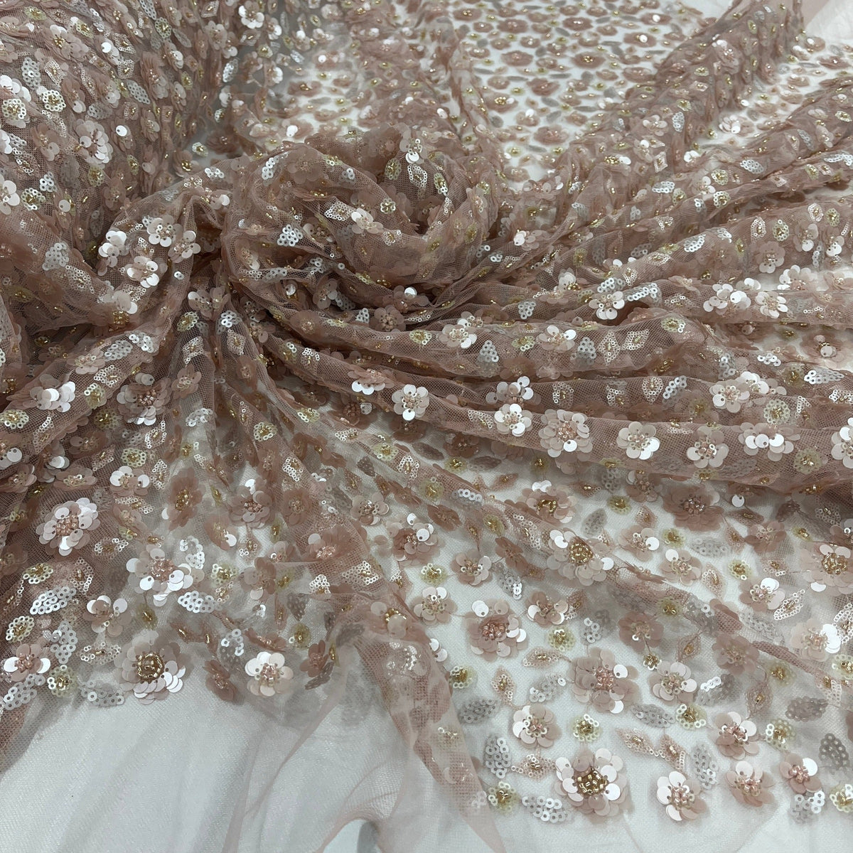 1 Yard Elegant Beaded & Corded Bridal Lace Fabric on 100% Polyester Mesh, Embroidered Floral Design