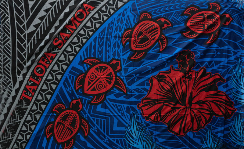 Talofa Samoa Sea Turtles Hibiscus Polyester Fabric - Sea Turtles, Hibiscus, Tattoo Design Background, 72" X 45" (1 Yard)