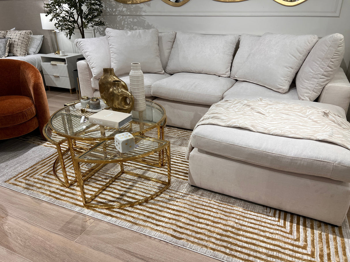 METZ 4207 Polyester Viscose Fabric - Abstract Crème Beige, Gold Bronze Geometrical Double Stacked Square High-Low Design, 9' 8" X 13' (1 Unit)