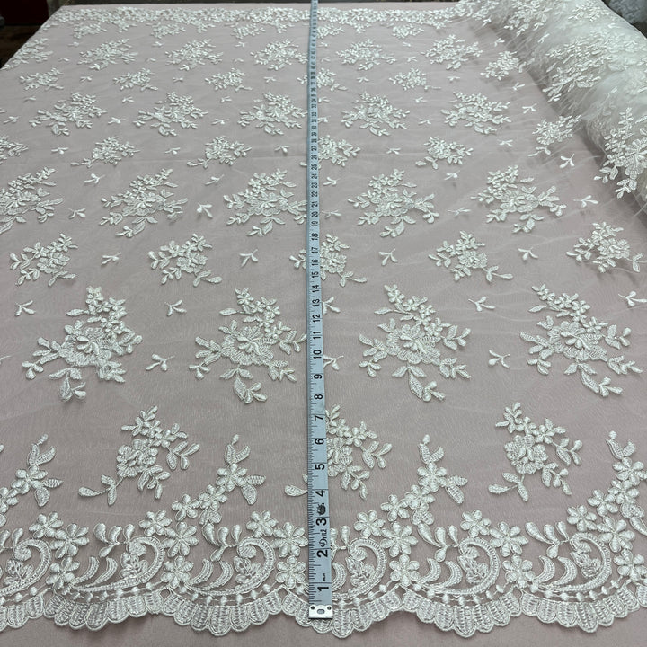 1 Yard Elegant Corded Embroidered Bridal Lace Fabric for Special Occasion White