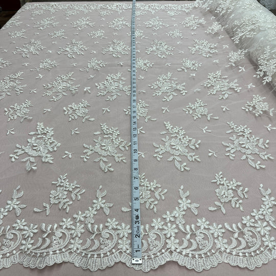 1 Yard Corded Bridal Lace Fabric Embroidered on 100% Polyester Net Mesh – Silver – 53"