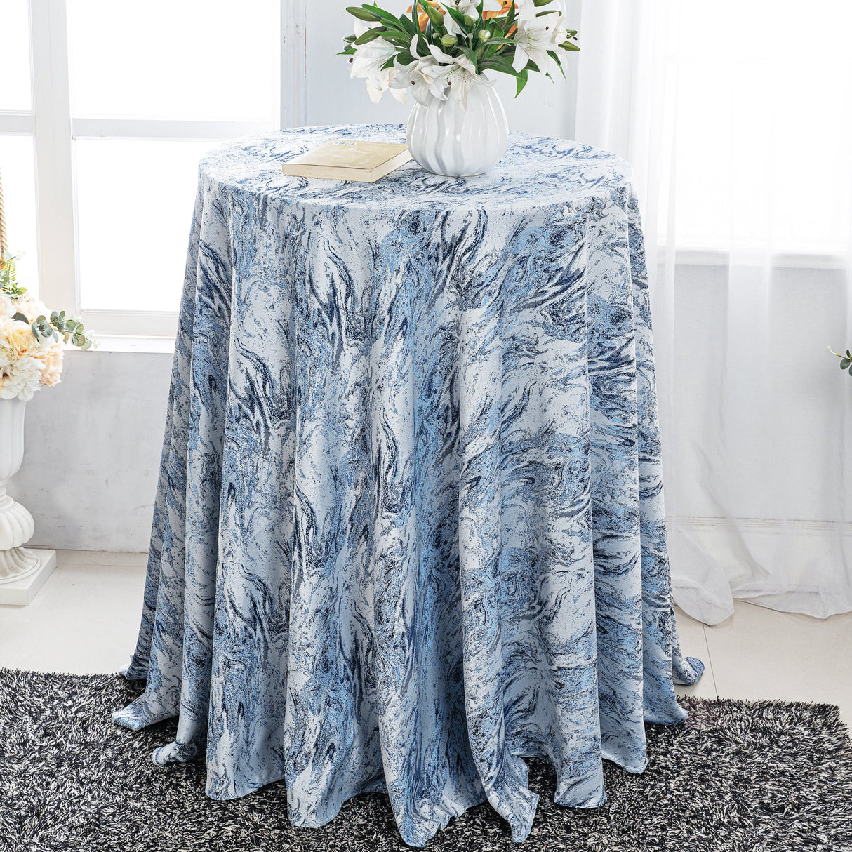 Round Polyester Tablecloth 132" Mirage Jacquard Dusty Blue