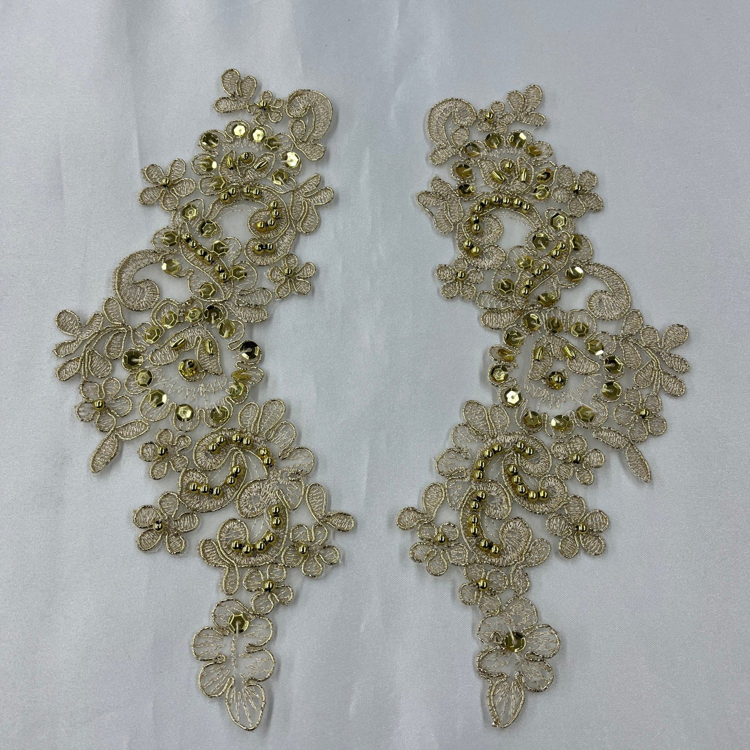 1 Pair 9" x 3" Each Side Beaded & Corded Floral Lace Applique Organza