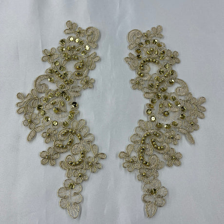 1 Pair 9" x 3" Each Side Beaded & Corded Floral Lace Applique Organza