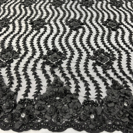 1 Yard Beaded 3D Floral Lace Fabric Embroidered 100 Percent Polyester Net Mesh 48 inch Width